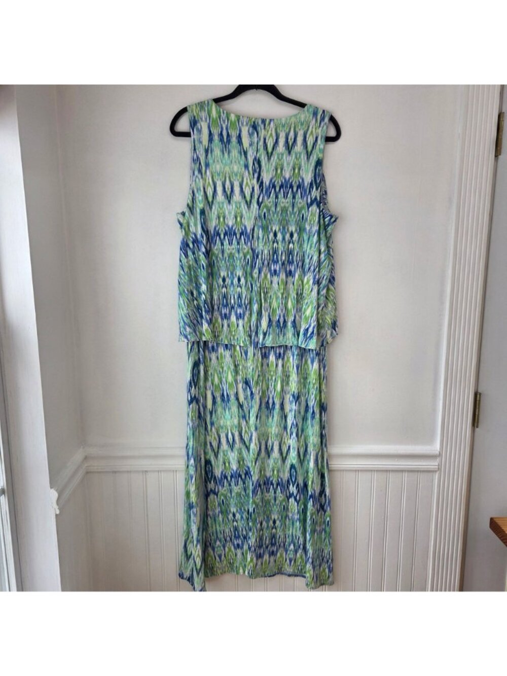 Chico's Maxi Dress Green Ikat Print Stretch Jersey Knit Women's 16/18 - Picture 2 of 10